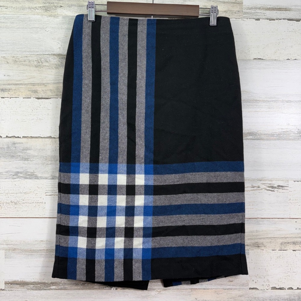 Talbots Black Luna‎ Blue Plaid Wool Blend Pencil Skirt Size 8 Officecore Career